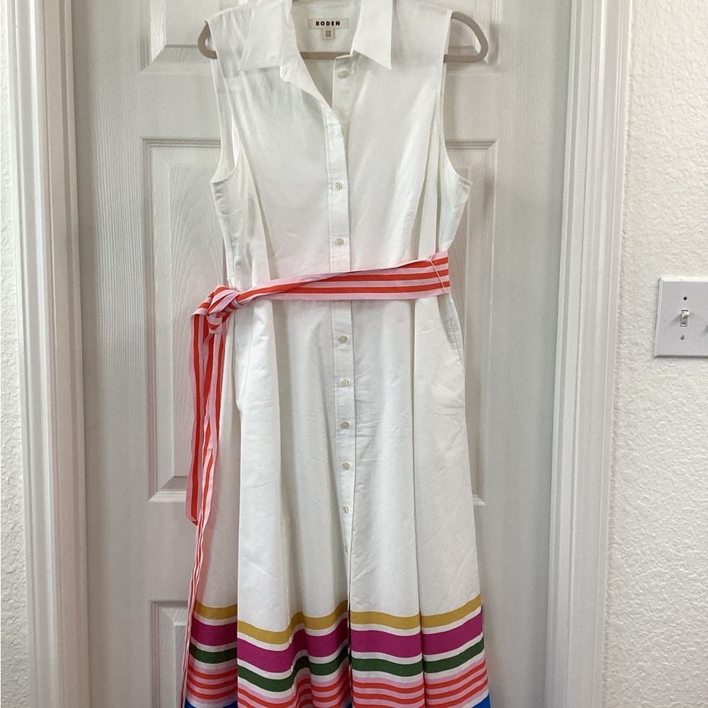 Boden White Dress with Multicolor Stripes